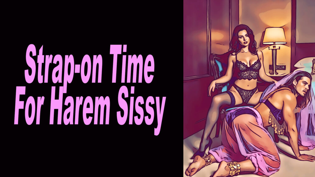 A sissy husband dressed in harem clothes on all fours in front of his dominatrix wife.