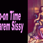 A sissy husband dressed in harem clothes on all fours in front of his dominatrix wife.